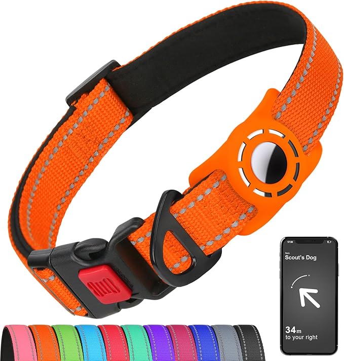 Airtag Dog Collar with AirTag Holder for Large Dogs, Reflective, Soft Padded & Safety Locking Buckle, Nylon Pet Collars Adjustable for All Breeds, Orange,L