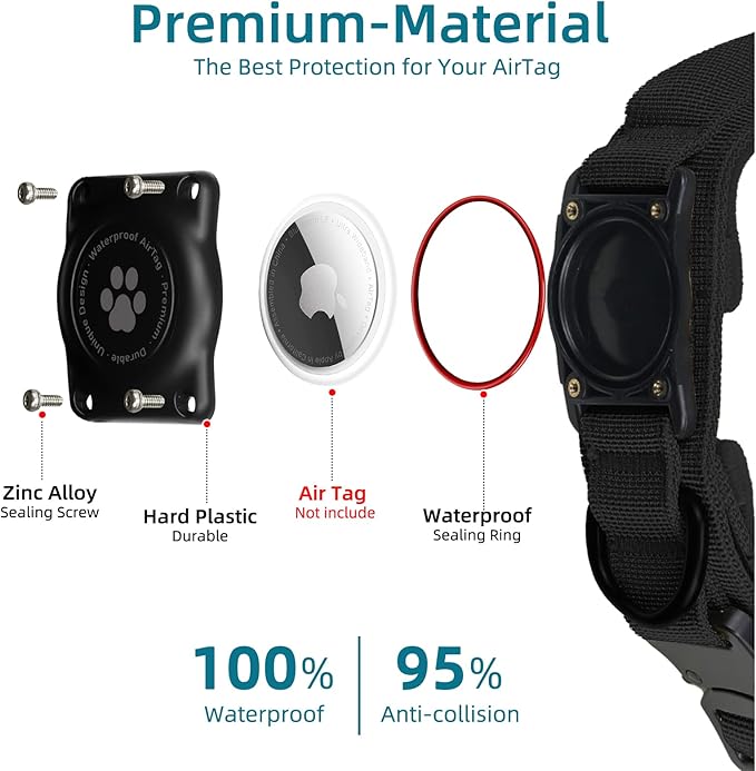 Tactical AirTag Dog Collar, 100% Waterproof Integrated Apple Air Tag Dog Collars with Hard PC AirTag Holder, Adjustable Military Collar with Handle, GPS Dog Collar for Medium Large Dogs (XL, Black)