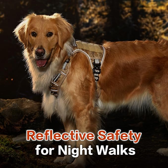 PawsPassion Tactical Dog Harness for Large Dogs, Chew-Proof Metal Hardware, Heavy Duty No Pull Dog Harness, Reflective Strips, Adjusting Ring, MOLLE System, Hook and Loop Panel (Dune Patrol, L)