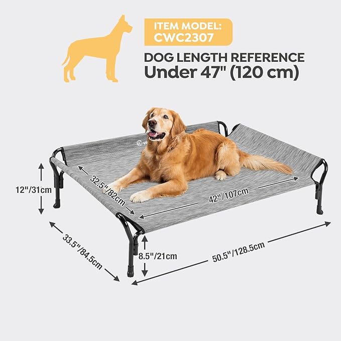 Veehoo Cooling Elevated Dog Bed, XL Raised Pet Cot with Guardrail & Slope Headrest, Durable Breathable Teslin Mesh, Non-Slip Feet, Washable Dog Couch Bed for Indoor & Outdoor, X Large, Black Silver