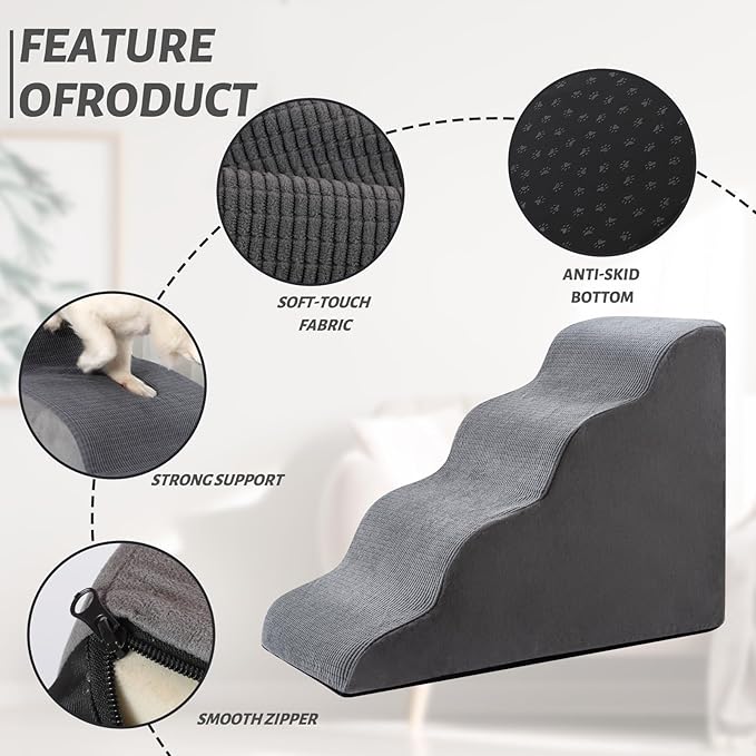 4-Step Dog Stairs and Ramp for Beds or Couches – Non-Slip Sturdy Pet Steps for Small Dogs and Cats,20.9" H,Grey
