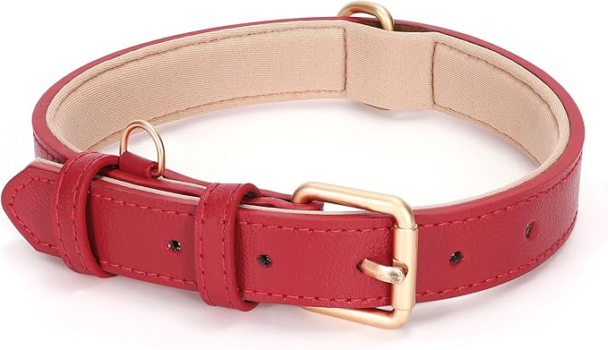 WHIPPY Leather Dog Collar for Small Medium Large Dog Adjustable Soft Breathable Leather Padded Puppy Collar with Alloy Buckle Heavy Duty Waterproof Classic Dog Pet Collar,red,XS