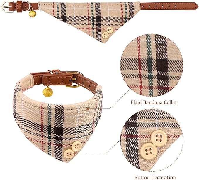 3 PCS Dog Collars for Small Puppy Collar and Leash Set, Bow Tie with Bell, Bandana Leather for Small Dogs Puppies and Cats(Beige)