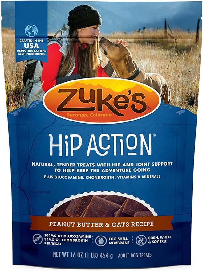 3 Pack Zuke Hip Action Hip & Joint Support Treats for Dogs 3 Flavor: (1) Roasted Beef Recipe, (1) Fresh Peanut Butter Formula, and (1) Roasted Chicken Recipe (16oz Each) with 10ct Wipes