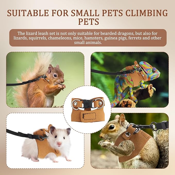3 Pack Bearded Dragon Leash and Harness Set,Three Sizes Bearded Dragon Harness and Leash,Adjustable,Suitable for Small Reptiles (Brown)
