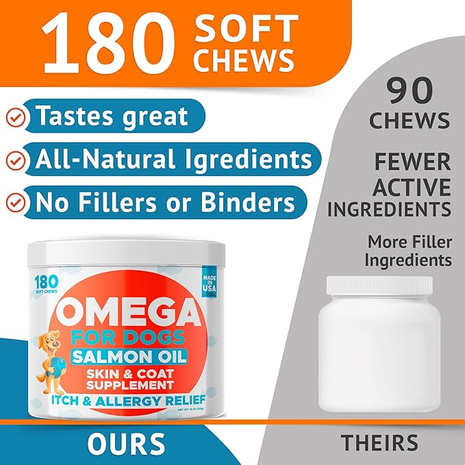 Omega 3 Fish Oil for Dogs (180Ct) - Skin&Coat Chews - Dry & Itchy Skin Relief + Allergy Support - Shiny Coat - EPA&DHA Fatty Acids - Salmon Oil Chews Promotes Heart