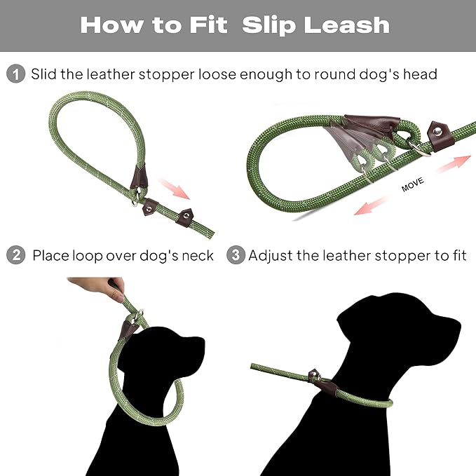 TwoEar Slip Leads for Dogs, 1/2" x 6FT Dog Training Leash with Highly Reflective Threads, Heavy Duty Strong Dog Leash Rope for Small Medium and Large Dogs (Green)