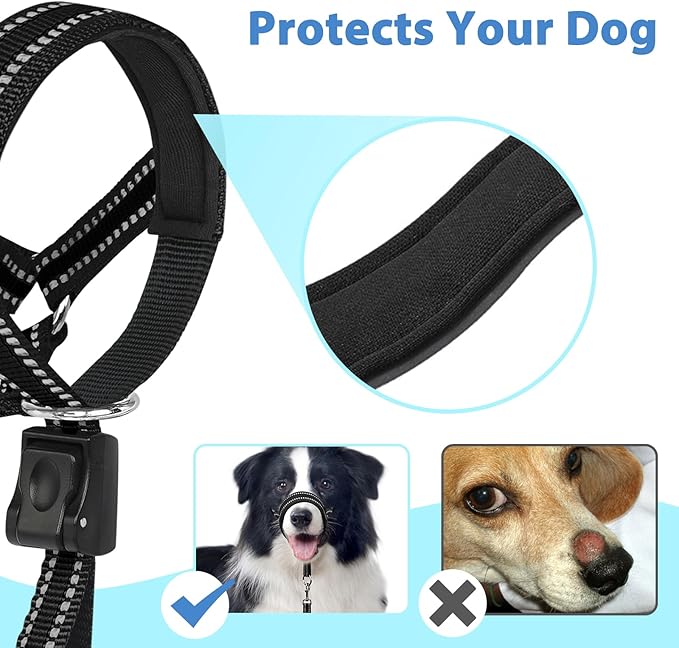 BARKLESS Soft Dog Head Collar, Patented Padded No Pull Head Halter, Training Nose Leash with Safety Link for Medium Large Dogs, Adjustable Muzzle Leash, Easy Control for Walking(Black, XL)