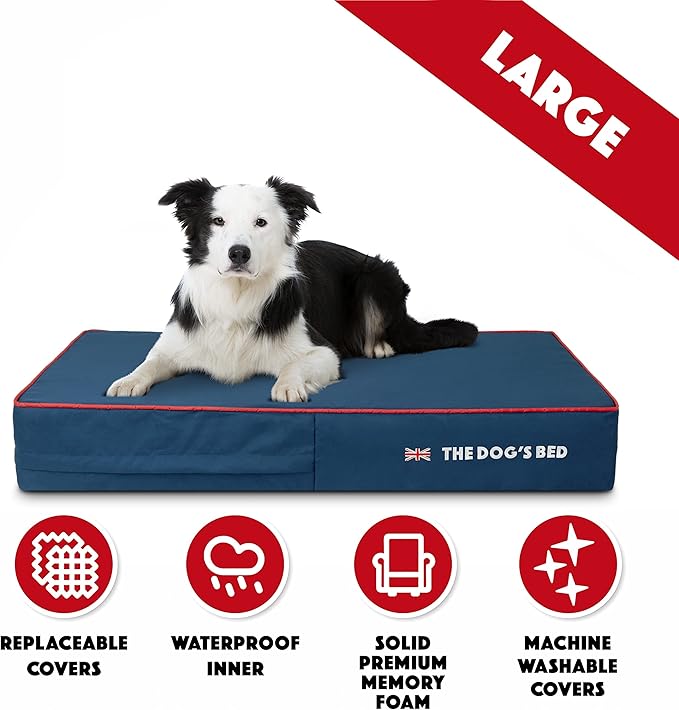 The Dog’s Bed Orthopedic Memory Foam Dog Bed, Large Blue Oxford with Red Trim UK Flag 40x25, Pain Relief for Arthritis, Hip & Elbow Dysplasia, Post Surgery, Supportive, Calming, Waterproof Washable