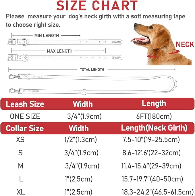 ZALER Dog Collar and Leash Set, Waterproof Adjustable Odor Proof Pet Collars Leashes Easy to Clean, 6FT Dog Leash with 2 Hooks for Large, Medium Small Dogs (L, Red)