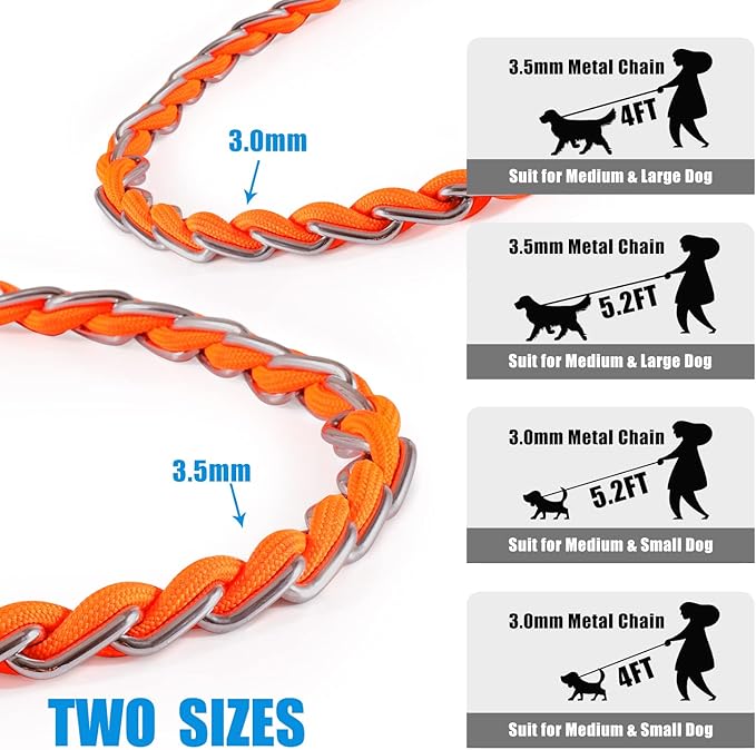 Chew Proof Metal Dog Leash for Medium Large Dogs, Chain Link Anti Chew 4FT Strong Anti Bite Dog Leash Comfortable Soft Padded Handle Orange