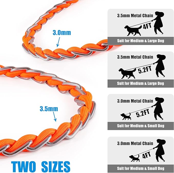 Chew Proof Metal Leash for Medium Large Dogs, 5.2FT Strong Anti Bite, Comfortable Soft Padded Handle Orange