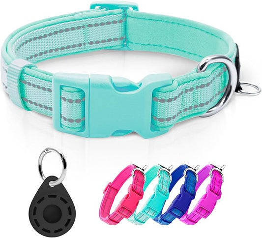 azuza Reflective Dog Collar with Airtag Holder, Soft Neoprene Padded Pet Collar with ID Tag Ring, Adjustable for Puppy and Small Dogs,Teal,XS