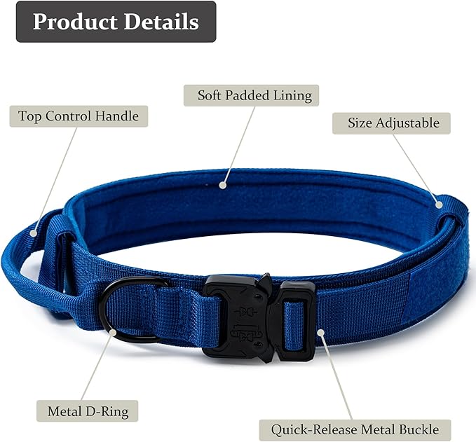 Tactical Dog Collar, Adjustable Military Training Nylon Dog Collar with Control Handle and Heavy Quick-Release Metal Buckle for Small Medium Large Dogs, Dark Blue XXL