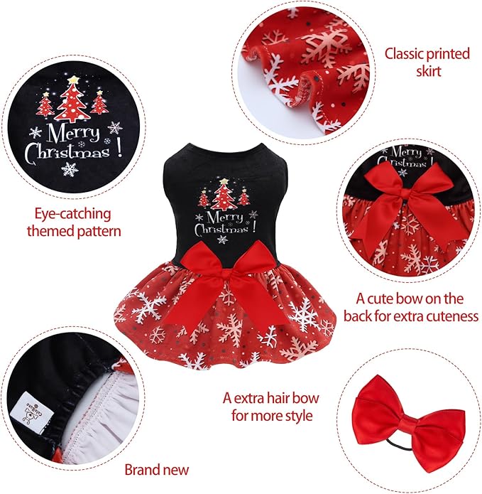 CuteBone Christmas Dog Dresses Velvet Holiday Small Dogs Clothes Onesie Pet Apparel Girl Puppy Skirt with Bow Hair Rope CVA54XXS-D