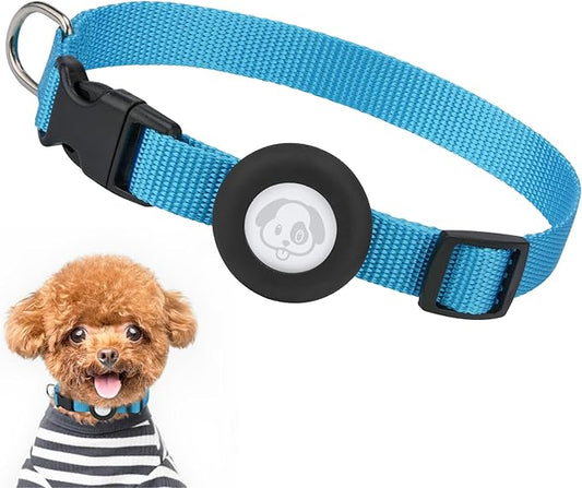 Compatible with Airtag Dog Collar, Adjustable Air Tag Dog Collar with Durable Quick Snap Buckle, Imitation Nylon Dog Collar with Waterproof Apple Airtag Holder for Small Dogs (S(6"-16"), Blue)