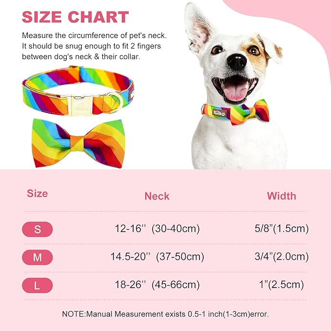 Tunkoo Rainbow Dog Collar with Very Pretty Bow Tie for LGBT Pride Month - Adjustable and Comfortable Collar for Large Medium Small Pet S