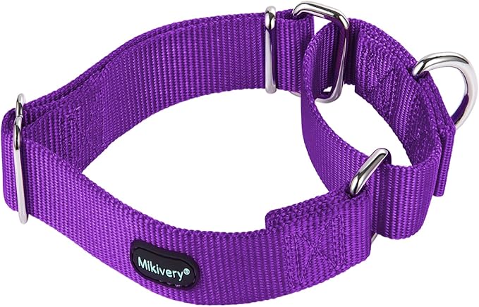 Mikivery Martingale Dog Collar Nylon Adjustable and Safety Training Purple Comfortable Metal Buckle Pet Collars for Small Medium and Large Dogs