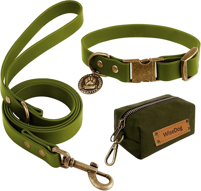 Wisedog Dog Collar and Leash Set Combo: Adjustable Durable Pet Collars with Dog Leashes for Small Medium Large Dogs,Includes One Bonus of Poop Bag Holder (L, Green)