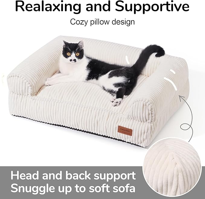 FUKUMARU Cat Couch Bed, Corduroy Cozy Cat Bed for Indoor Cats with Removable Washable Cover, Supportive Anti-Slip Dog Beds Sofa for Small Dogs Cute, 27inch, Medium, Cream