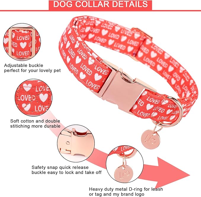 Valentine's Dog Collar,Red Heart Dog Collar for Small Medium Large Girl Boy Dogs or Cats, Wedding Dog Collar Match Dog Leash, Pet Collar with Metal Buckle, XS