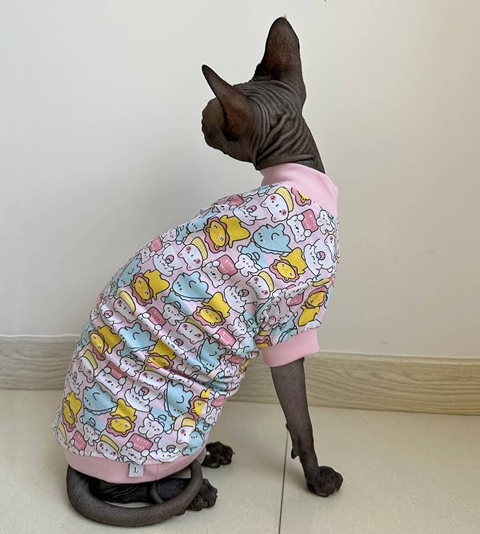 Sphynx Hairless Cat Cute Summer Cotton T-Shirts Pet Clothes,Round Collar Kitten Shirts Cats Apparel (Cute Animals, X-Large (Pack of 1))