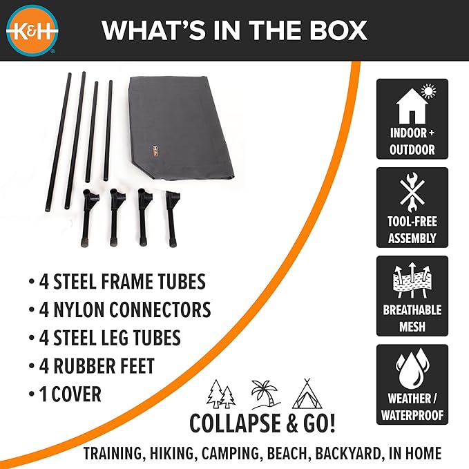 K&H Pet Products Elevated Outdoor Dog Cot Bed, Raised Cooling Bed with Washable Breathable Mesh for Large Dogs, Portable Raised Platform Pet Bed, Heavy Duty Metal Frame Hammock Bed, Large, Gray