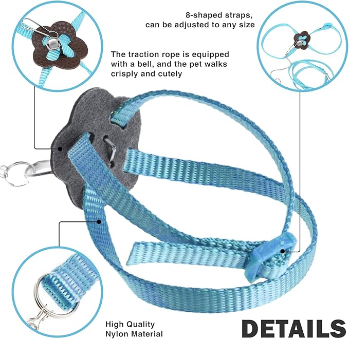 2 Pack Adjustable Hamster Leash Harness for Harness for Ferret Baby Rabbit Hamster Rat Mouse Leash Lead with Bell (Blue)