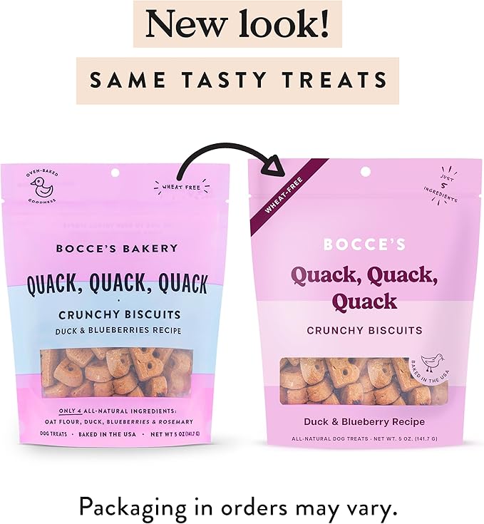 Bocce's Bakery Oven Baked Quack, Quack Treats for Dogs, Everyday Wheat-Free Dog Treats, Made with Real Ingredients, in The USA, All-Natural Duck & Blueberry Biscuits, 5 oz