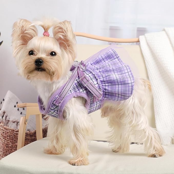 Dog Harness Dress, Plaid Dog Harness Dress with Leash Set, Summer Cute Pet Dog Clothes,Girl Puppy Dresses for Girl Small Dogs, Chihuahua Harness (Purple Harness+Rope, X-Small)
