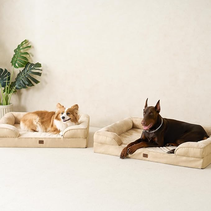 EHEYCIGA Orthopedic Dog Beds for Large Dogs, Waterproof Memory Foam Large Dog Bed with Sides, Non-Slip Bottom and Egg-Crate Foam Pet Couch Bed with Washable Removable Cover, Greige