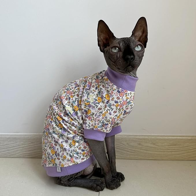 Sphynx Hairless Cat Cute Summer Cotton T-Shirts Pet Clothes,Round Collar Kitten Shirts Cats Apparel (Flor Do Campo, X-Large (Pack of 1))