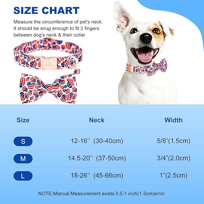 Tunkoo American Flag Dog Collar with Bow Tie Super Cute Heart, Adjustable and Stylish Pet Collar with Metal Buckle, Available in Small, Medium, Large M