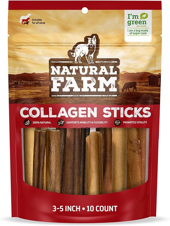 Natural Farm Collagen Dog Chews (3-5ā, 10 Units), Odor-Free Long Lasting Bully Sticks & Rawhide Alternative Dog Treats, 95% Collagen Low Fat, High Protein ā Small & Medium Dogs