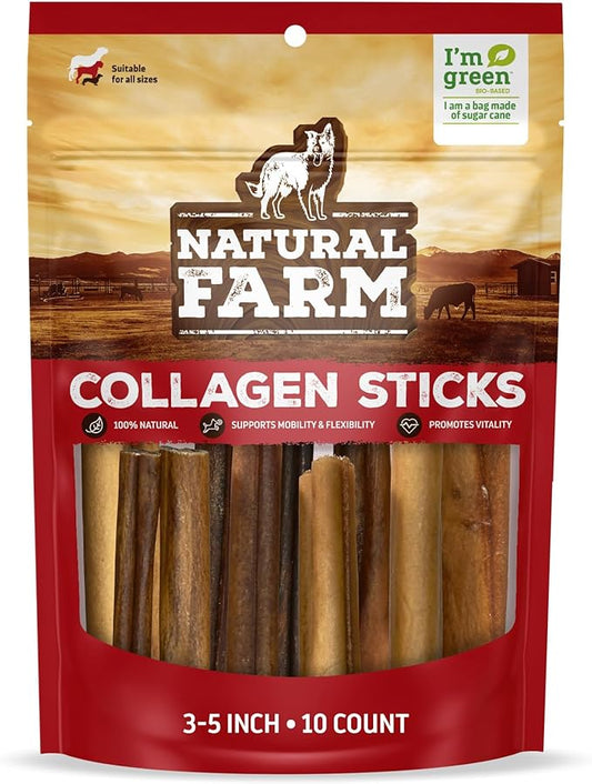 Natural Farm Collagen Dog Chews (3-5”, 10 Units), Odor-Free Long Lasting Bully Sticks & Rawhide Alternative Dog Treats, 95% Collagen Low Fat, High Protein – Small & Medium Dogs