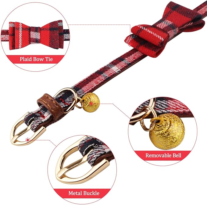 3 PCS Puppy Collar and Leash Set Dog Collars for Small Dogs Dog Bow Tie with Bell Puppy Bandana Leather Dog Collar for Small Dogs Puppies and Cats(Red)
