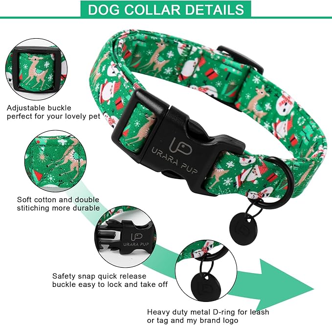 Christmas Santa Claus Dog Collar, Cute Christmas Elk Collar for Puppy Girl Boy Dog, Adjustable Christmas Green Dog Collar for Small Medium Large Dogs