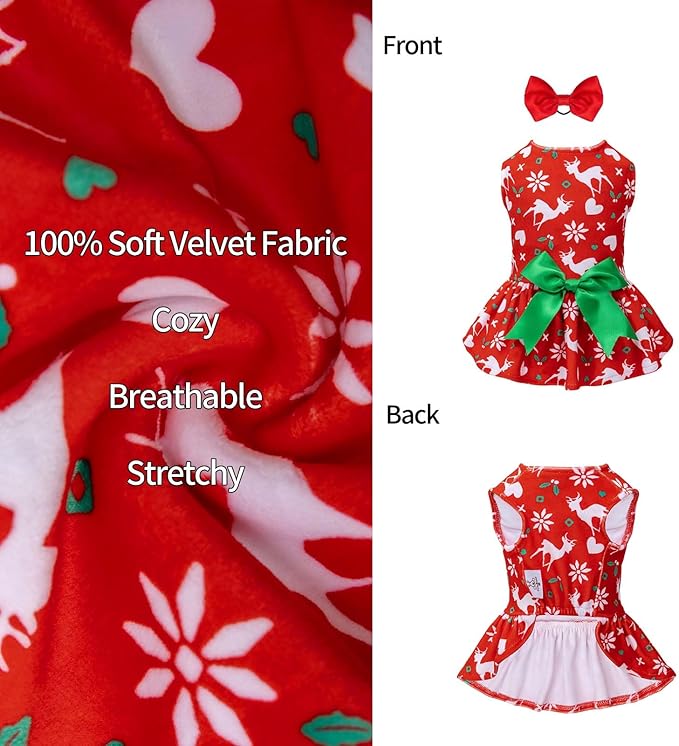 CuteBone Dog Christmas Dresses Outfit Velvet Holiday Small Dogs Clothes Onesie Pet Apparel Girl Puppy Skirt with Bow Hair Rope CVA31L