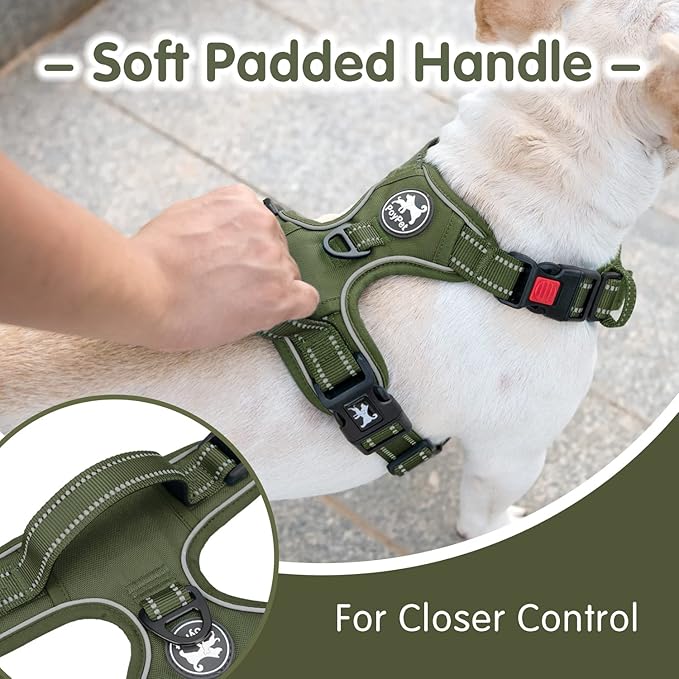 PoyPet No Pull Dog Harness and 5 Feet Leash Set, Release on Neck Reflective Adjustable Pet Vest, Front & Back 2 D-Ring and Soft Padded Pet Harness with Handle for Small to Large Dogs(Military Green,L)