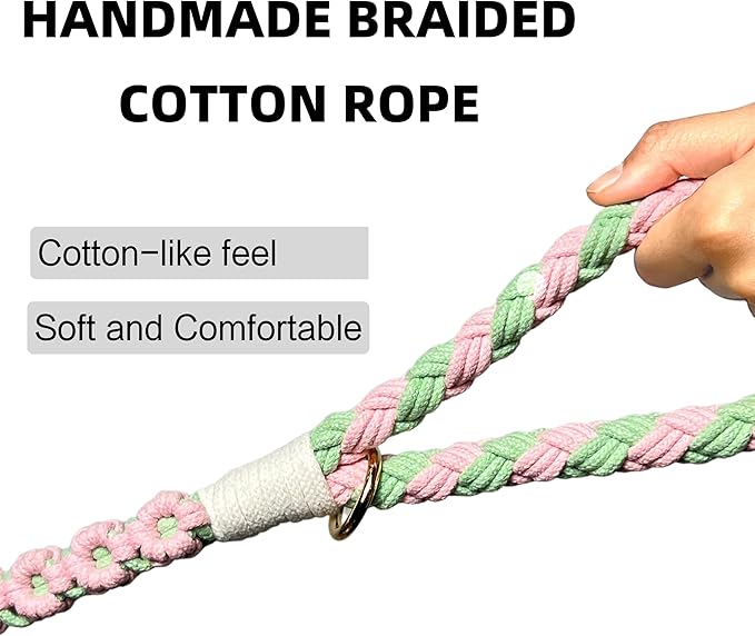 Handmade 5ft Braided Cotton Dog Leash with Unique Floral Handle, Durable and Stylish, Ideal for Small to Large Dogs, Pink & Green Color