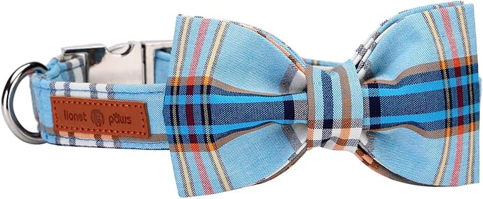 Lionet Paws Boy Dog Collar with Bowtie, Comfortable Adjustable Cute Blue Plaid Bow Tie Collar for Male Dogs Gift, Large, Neck 16-24 inches