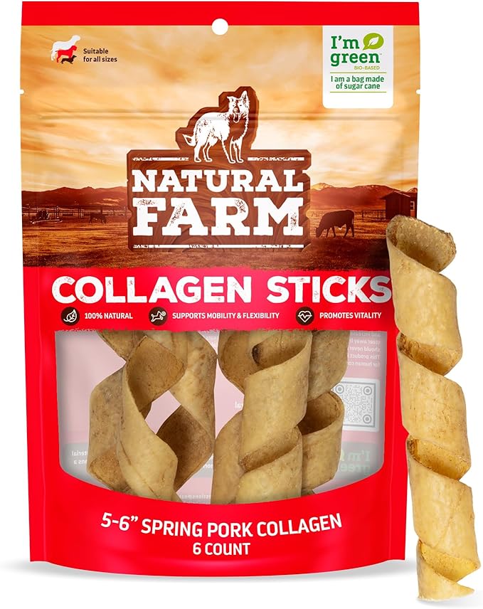 Natural Farm Curly Pork Collagen Sticks (5-6 Inch, 6 Pack), Fully Digestible & Natural Dog Chews, Flavorful & Long Lasting, Best for Small & Medium Chewers, Odor-Free Rawhide Alternative