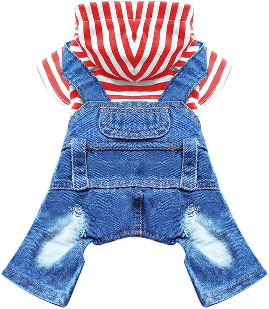 Small Dog Hoodie Clothes Cute Stripe Shirts Denim Jumpsuit One-Piece Outfit for Small Medium Dogs Cats Boy Girl Chihuahua Blue Jeans Overalls Puppy Costume (Red,XS)