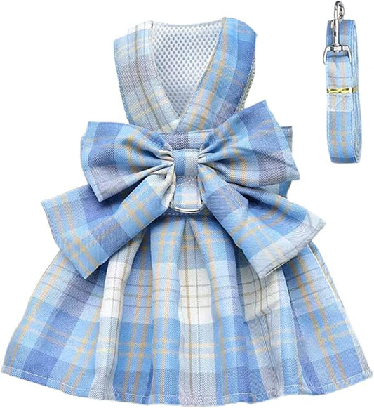 PETCARE Plaid Dog Dress Bow Tie Harness Leash Set for Small Dogs Cats Girl Cute Princess Dog Dresses Spring Summer Puppy Bunny Rabbit Clothes Chihuahua Yorkies Pet Outfits