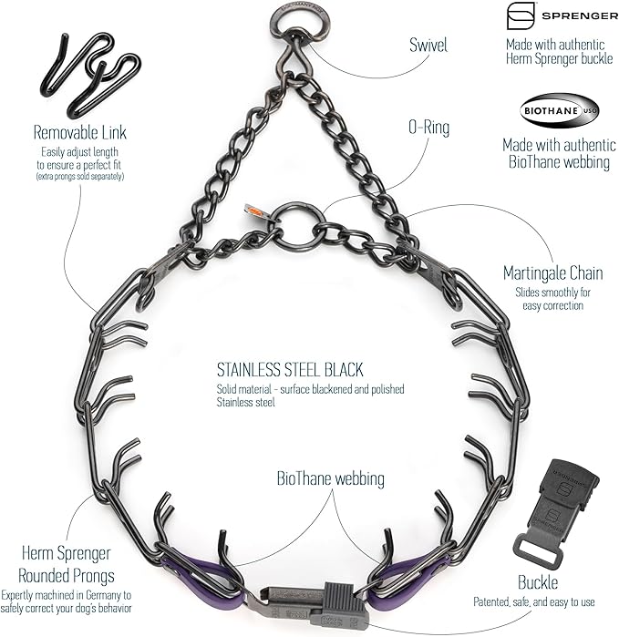 Herm Sprenger Black Stainless Steel Dog Collar with Quick Release ClicLock Buckle and Biothane Insert Training Collar Made in Germany (Violet Purple, 23in x 3.2mm(Neck Size up to19-20in))