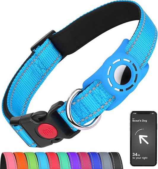 Airtag Dog Collar with AirTag Holder for Small Dogs, Reflective, Soft Padded & Safety Locking Buckle, Nylon Pet Collars Adjustable for All Breeds, SkyBlue,S