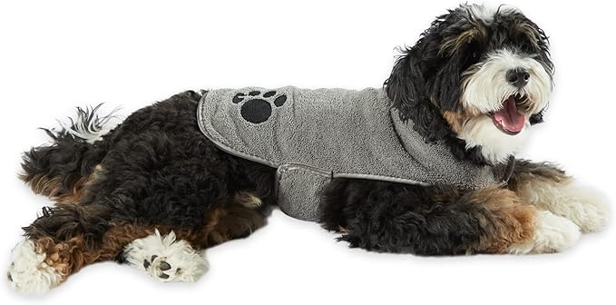 Bone Dry Pet Robe Collection, Embroidered Absorbent Microfiber Bath Robe with Adjustable Closure, for Dogs & Cats, Small, Gray