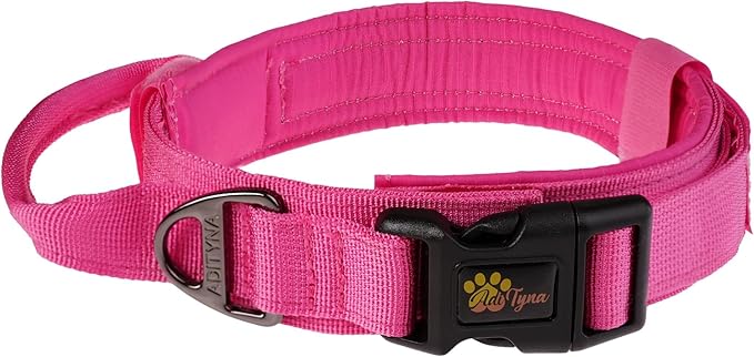 ADITYNA Tactical Dog Collar for Extra-Large Dogs - Soft Padded, Heavy Duty, Adjustable, Military, Big Pink Collar with Handle for Training and Walking
