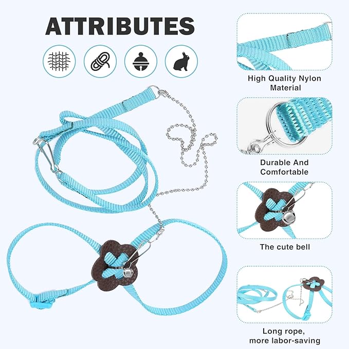 2 Pack Adjustable Hamster Leash Harness for Harness for Ferret Baby Rabbit Hamster Rat Mouse Leash Lead with Bell (Blue)