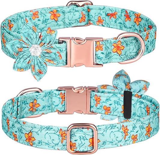 Floral Pattern Puppy Collar - Cute Dog Collar with Detachable Rhinestone Flower for Female Dogs (S, Blue)